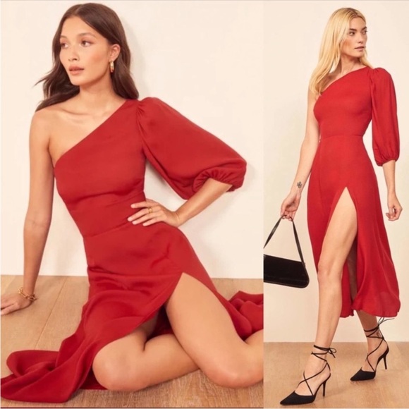 Reformation Red Lawrence One Shoulder High Slit MIDI Dress Sz 2 - Picture 4 of 10